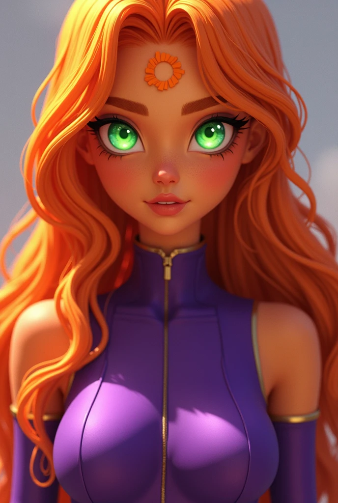 An orange skinned girl, wearing a purple power suit. Her eyes are bright green, glowing and without pupils. She has orange long and wavy hair, an hairbang and she is busty