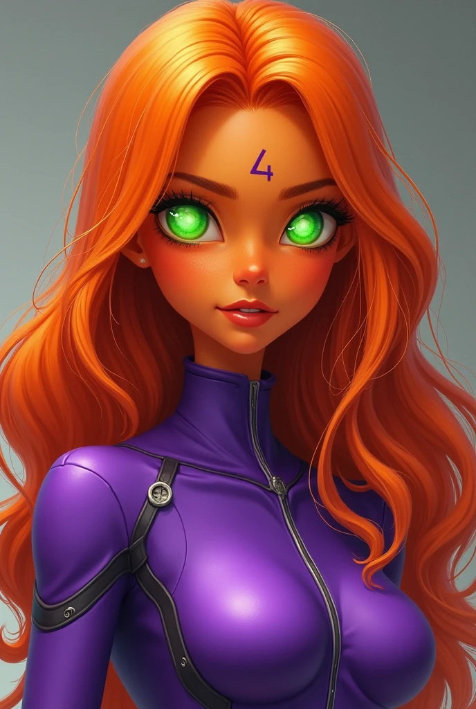 An orange skinned girl, wearing a purple power suit. Her eyes are bright green, glowing and without pupils. She has orange long and wavy hair, an hairbang and she is busty