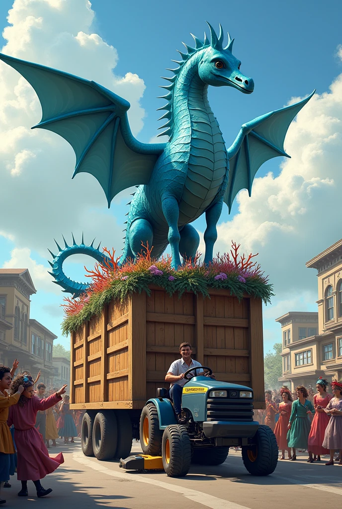 Grand hippocampe bleu avec des ailles de posé au centre d’une grande remorque en bois accroché à un tracteur tondeuse . La remorque est dans une rue avec une grande foule de personnes déguisé qui dansent autour du char. Autour et au pied de l’hippocampe plein de coraux.