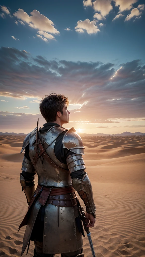 Make a proud warrior looking at the sky with his destroyed armor desert scenery 