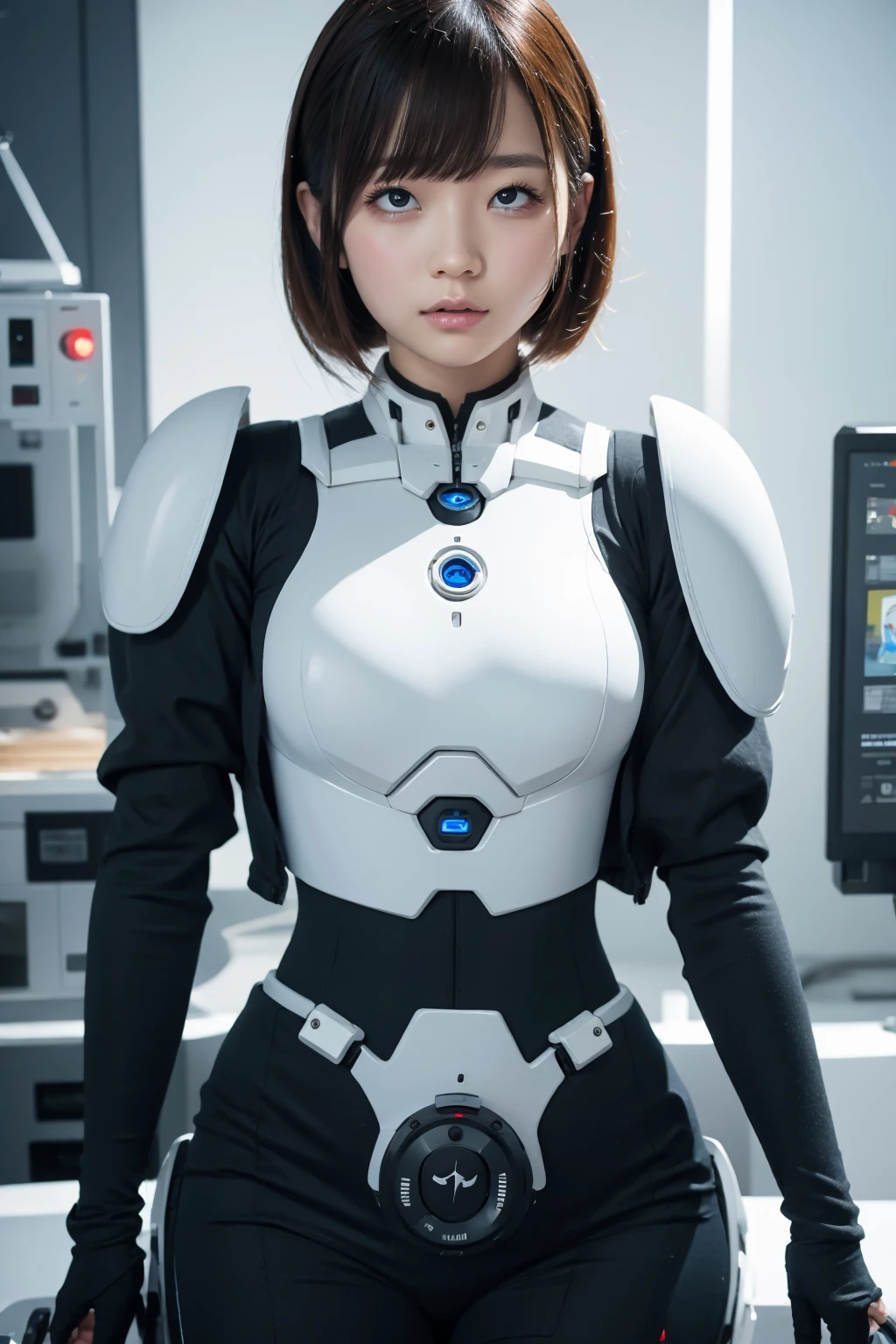 masterpiece, Best Quality, Extremely detailed, 8K portrait,Japaese android girl,Plump , control panels,Robot arms and legs, Blunt bangs,perfect robot girl,a bit chubby,white boots,white gloves,chest monitor,Charging spot,She is exhibits,exibition hall,promo girl,rolling eyes