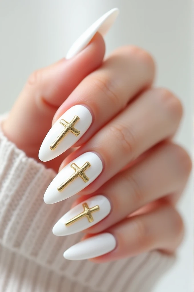 White Gel Nails. Golden Christ cross on it