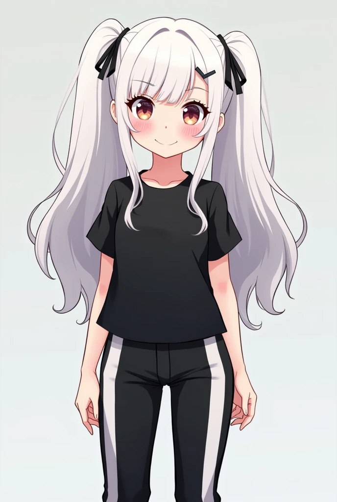 A Roblox character
female, has white hair with two pigtails, black blouse, black pants with white stripes