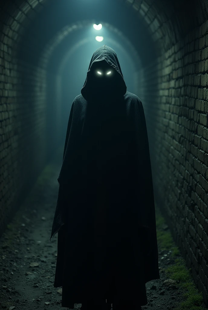 3. Une silhouette mystérieuse avec des yeux brillants, observant depuis l’obscurité d’un tunnel souterrain.