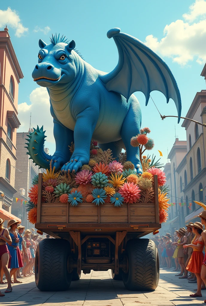 Grand hippocampe bleu avec des ailles de posé au centre d’une grande remorque en bois accroché à un tracteur tondeuse . La remorque est dans une rue avec une grande foule de personnes déguisé qui dansent autour du char. Autour et au pied de l’hippocampe plein de coraux.