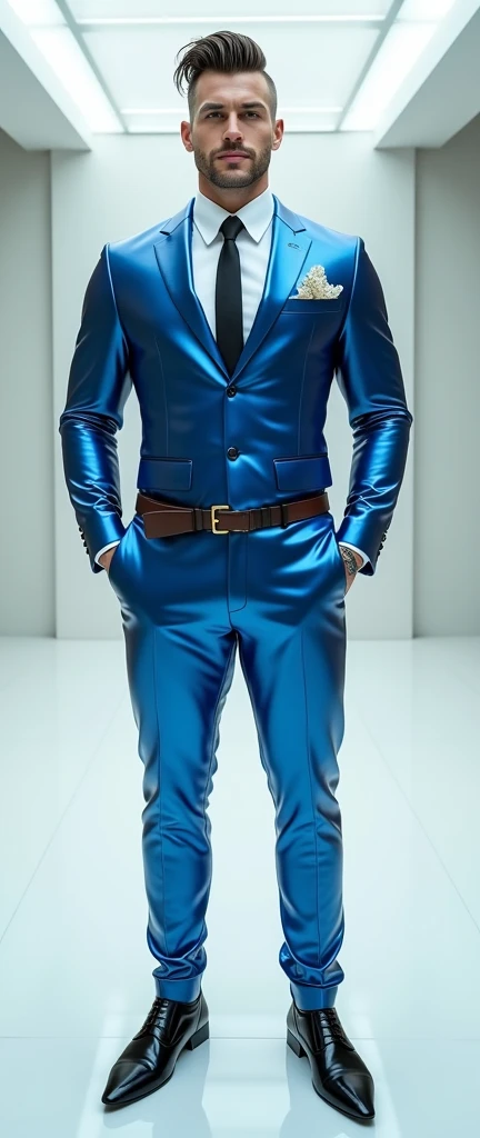 Fullbody standing picture of white skin Handsome muscular groom wearing tight skinny shiny blue vinyl suit with tie, shiny black Disconnected Pompadour oiled hair style, blue eyes, shiny varnished brown shoes, brown belt, red lip, chain, tattoos, horny, cum shot, sperm, milking penis, very big penis, very big testicle, shiny oiled skin, orgasm, oversexed, masturbation, standing at white lighting show room.