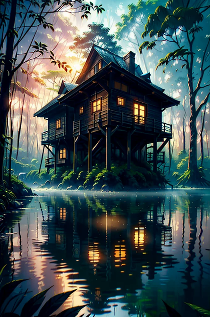 (A rustic wooden house:1.3) in a rainforest and a small lake in front of the house with a small wooden bridge between the house and the other side. A dense morning fog spreads across the scene. The sun is rising behind the forest, causing the rays to pass through the leaves and branches. octane rendering, 8k