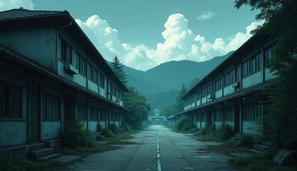 A sad japanese school abandoned who the atmospher is very dark, outside of the school views anime style