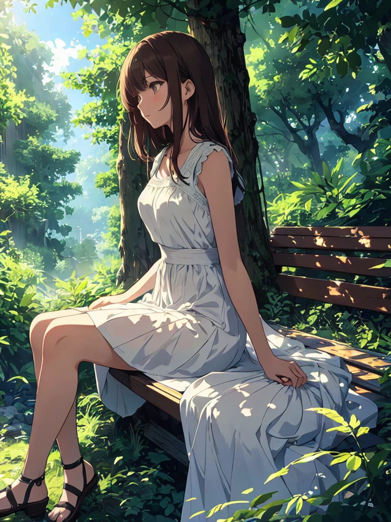Create a anime style landscape image. Digital illustration featuring a young woman with short, dark brown hair, sitting on a wooden bench in a lush, sunlit forest. She is wearing a sleeveless, white dress that drapes elegantly over her form. The background is filled with dense green foliage, with sunlight filtering through the trees, creating a serene and peaceful atmosphere. The woman's facial features are soft and contemplative, with a fair skin tone. The overall style of the illustration is realistic with a touch of anime influence, characterized by detailed shading and vibrant colors.