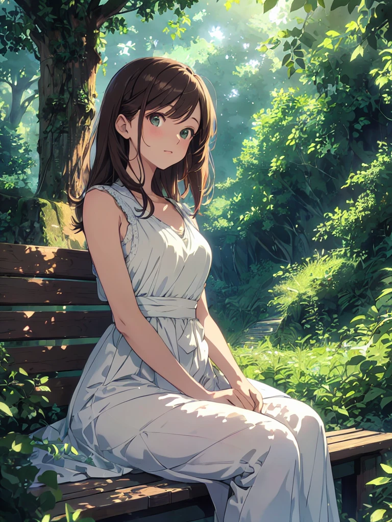 Create a anime style landscape image. Digital illustration featuring a young woman with short, dark brown hair, sitting on a wooden bench in a lush, sunlit forest. She is wearing a sleeveless, white dress that drapes elegantly over her form. The background is filled with dense green foliage, with sunlight filtering through the trees, creating a serene and peaceful atmosphere. The woman's facial features are soft and contemplative, with a fair skin tone. The overall style of the illustration is realistic with a touch of anime influence, characterized by detailed shading and vibrant colors.