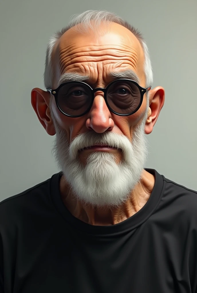 white male , drooping nose, white beard round glasses dark lenses , baldie ,shaved head , black tee