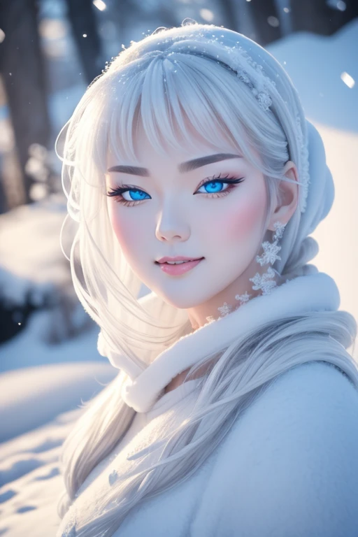 best quality, 32k, RAW photo, incredibly absurdres, extremely detailed, delicate texture, white basic tone, beautiful snow woman, snow scene