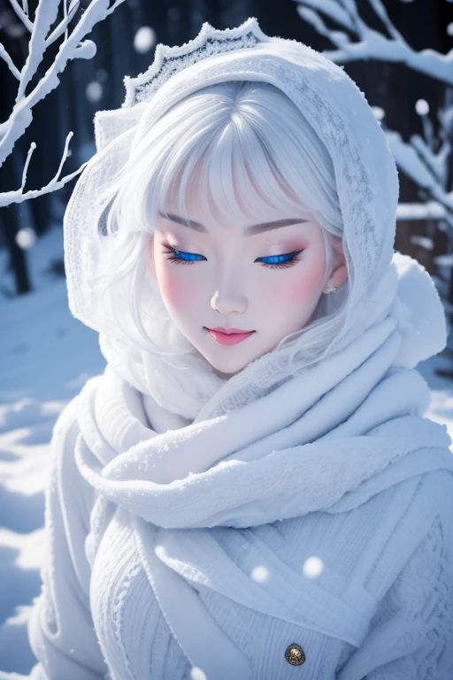 best quality, 32k, RAW photo, incredibly absurdres, extremely detailed, delicate texture, white basic tone, beautiful snow woman, snow scene