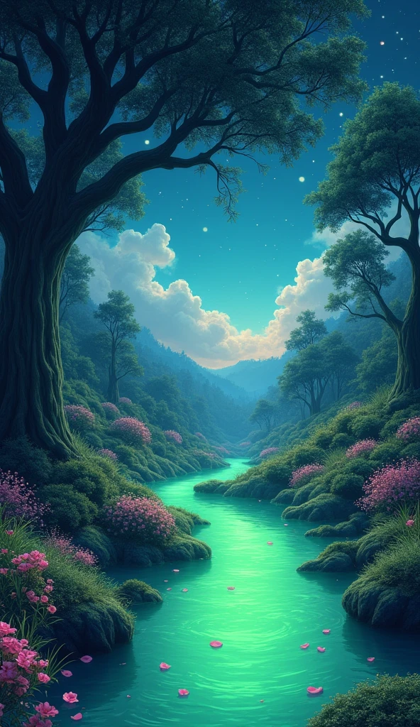 (magical pretty night sky green stream overlay scene), (sky), (clouds), soft lighting, clean background, beautiful scenery, masterpiece, high quality, beautiful graphics, high detail, epic scenery, garden, flowers, clouds, (night starry sky, river behind, huge old trees behind, falling glowing pink petals behind)