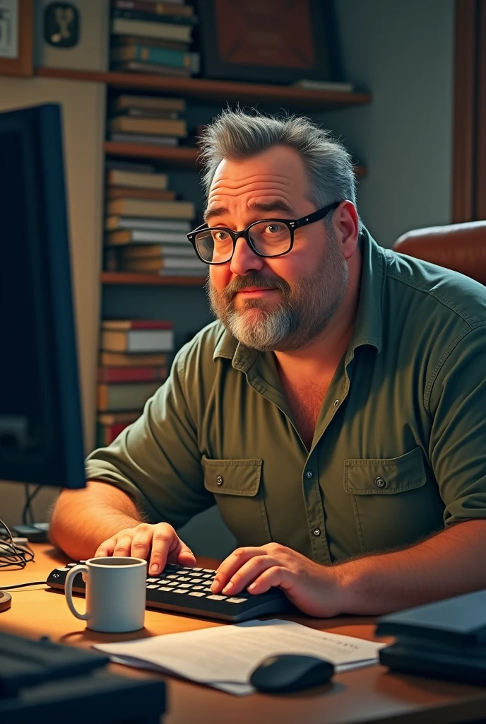Fat man with glasses and a goatee, at the computer