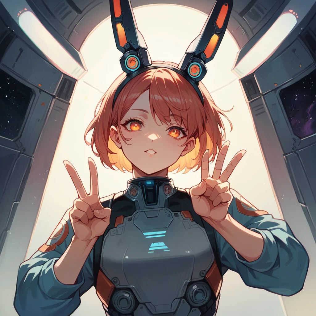 1girl, expressive eyes, short hair, dressed with futuristic suit, robotic rabbit ears ,v pose ,space in background, detail richness, masterpiece, best quality