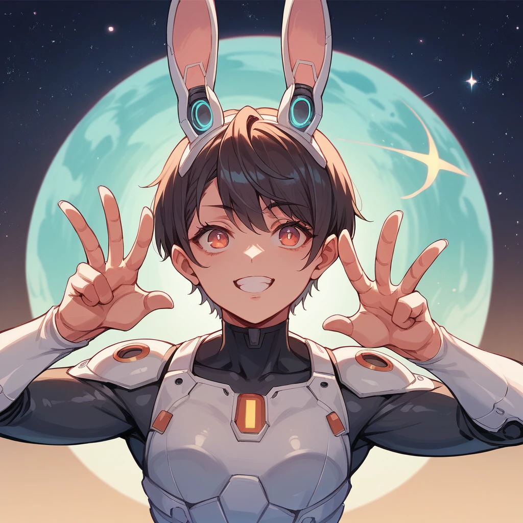 1girl, expressive eyes, short hair, dressed with futuristic suit, robotic rabbit ears ,v pose ,space in background, detail richness, masterpiece, best quality