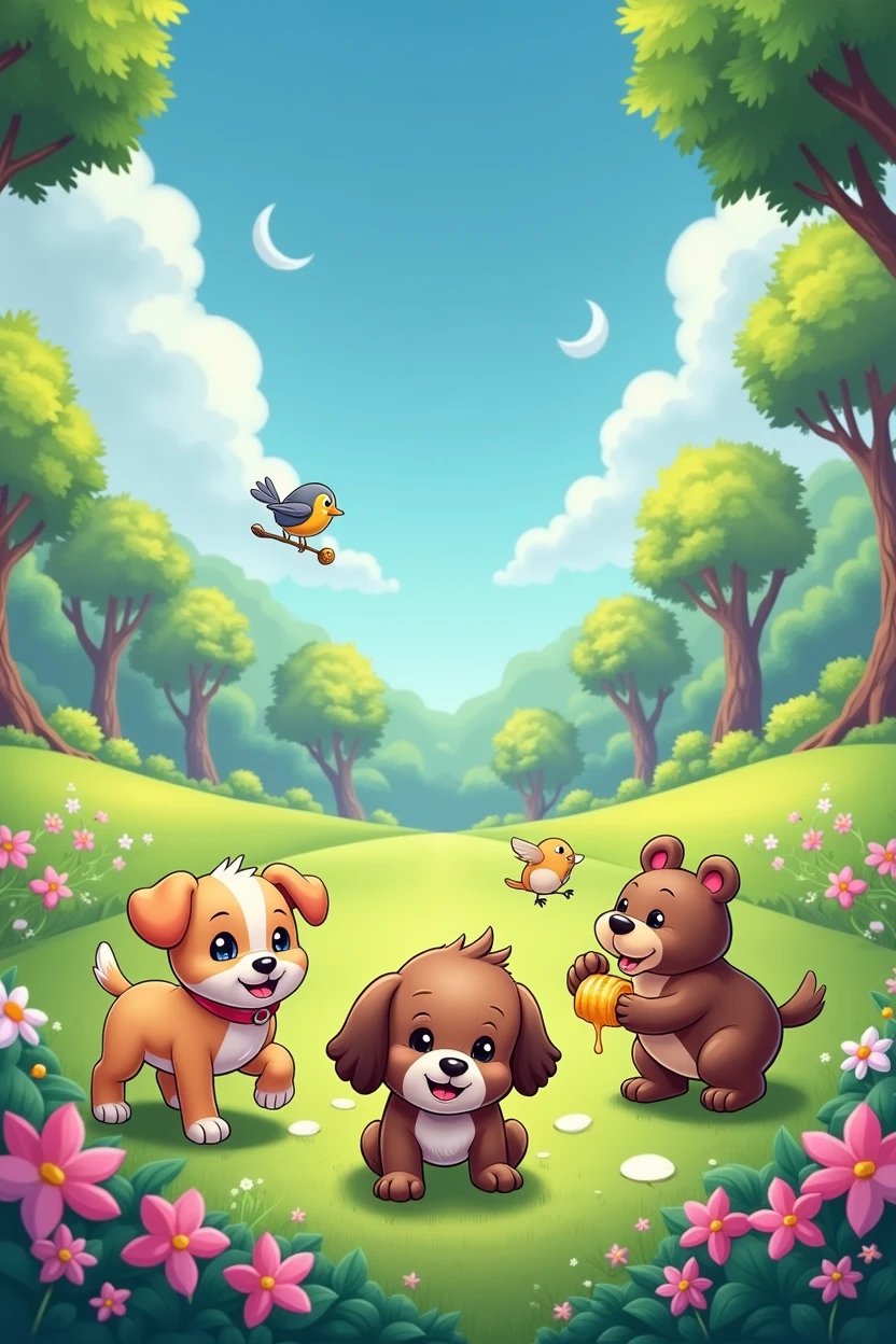 Welcome to the park! Look, there’s a playful puppy.”

[Pause as the camera zooms in on a puppy wagging its tail.]

Narrator: “What’s that sound? (Pause) It’s a tiny bird chirping!”

[Camera shifts to a small bird singing on a tree branch.]

“And over there, (Pause) a big, friendly bear is eating honey.”
