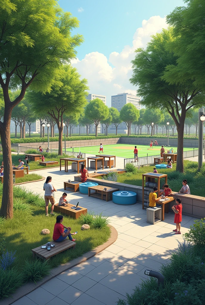 Architectural section of rainwater harvesting in a park, with trees, lighting lamps, games for children, basketball court, tables to sit with solar panels 