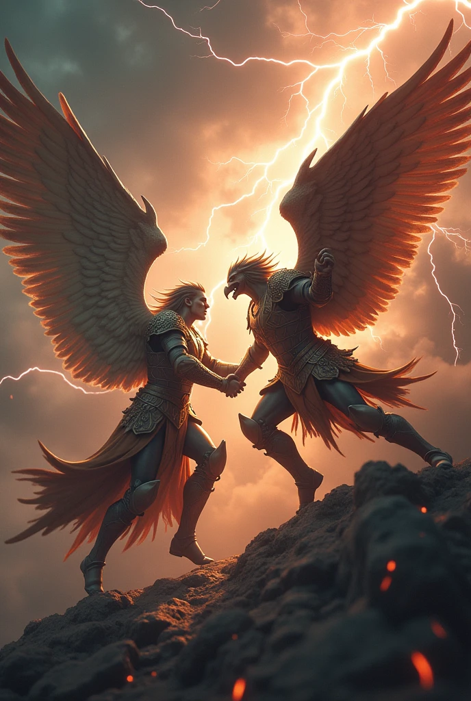 man in the center being pulled by one arm by a demon and the other arm by an angel