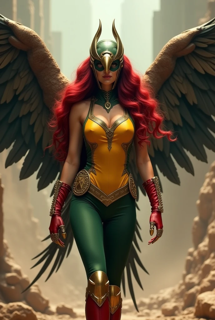 Adriana Lima under the mantle of the Thanagarian warrior Shayera Holl aka Hawkgirl long red hair wears a beaked hawk head helmet on her head covering half of her face , With her large bird wings protruding from her back and a yellow vest with green pants and red and gold boots, Justice League DC Universe