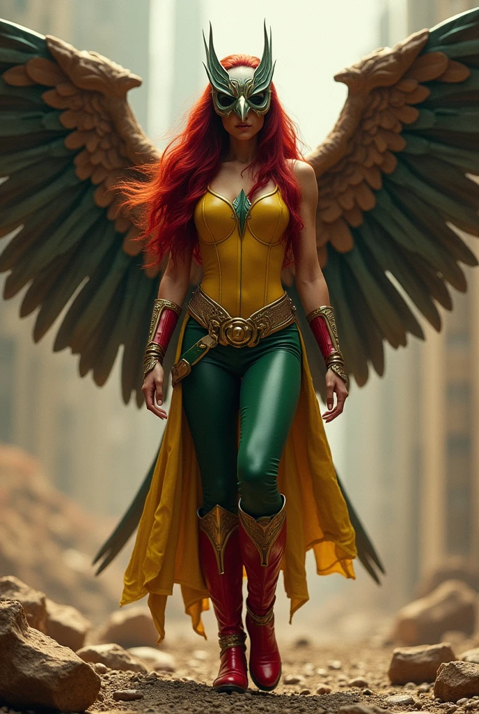 Adriana Lima under the mantle of the Thanagarian warrior Shayera Holl aka Hawkgirl long red hair wears a beaked hawk head helmet on her head covering half of her face , With her large bird wings protruding from her back and a yellow vest with green pants and red and gold boots, Justice League DC Universe