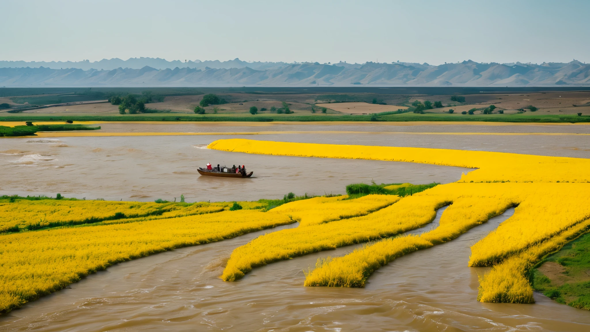 A dramatic scene unfolds as Yu, the Great, steers the course of the (((turbulent waters of the Yellow River))) through newly constructed channels. [The farmers watch with gratitude] as the fields around them begin to bloom, a testament to Yu's ingenuity and determination.