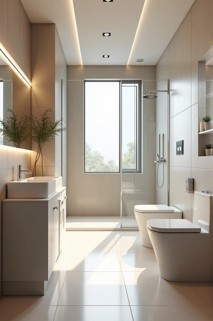 A spacious bathroom measuring 4x3 meters wide with its toilet, shower, sink, and washing machine. The toilet is separated.