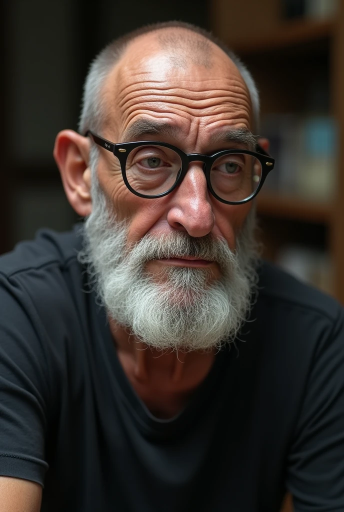 white male , drooping nose, white beard round glasses dark lenses ,shaved head , black tee
