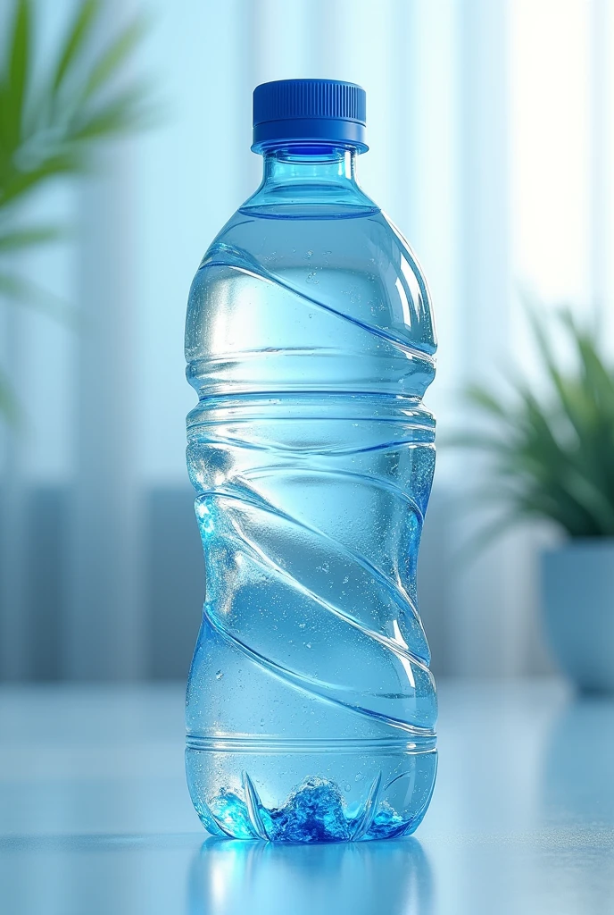 a close up of a bottle of water with a blue cap, bottle, water, water bottles, tansparent water, water water, detailed water, ultra detailed water, filled with water, light water, plastic bottles, water in background, hydration, water to waist, wavy water, empty pet bottles, blue water, light blue water, filling with water  shape of cactus

