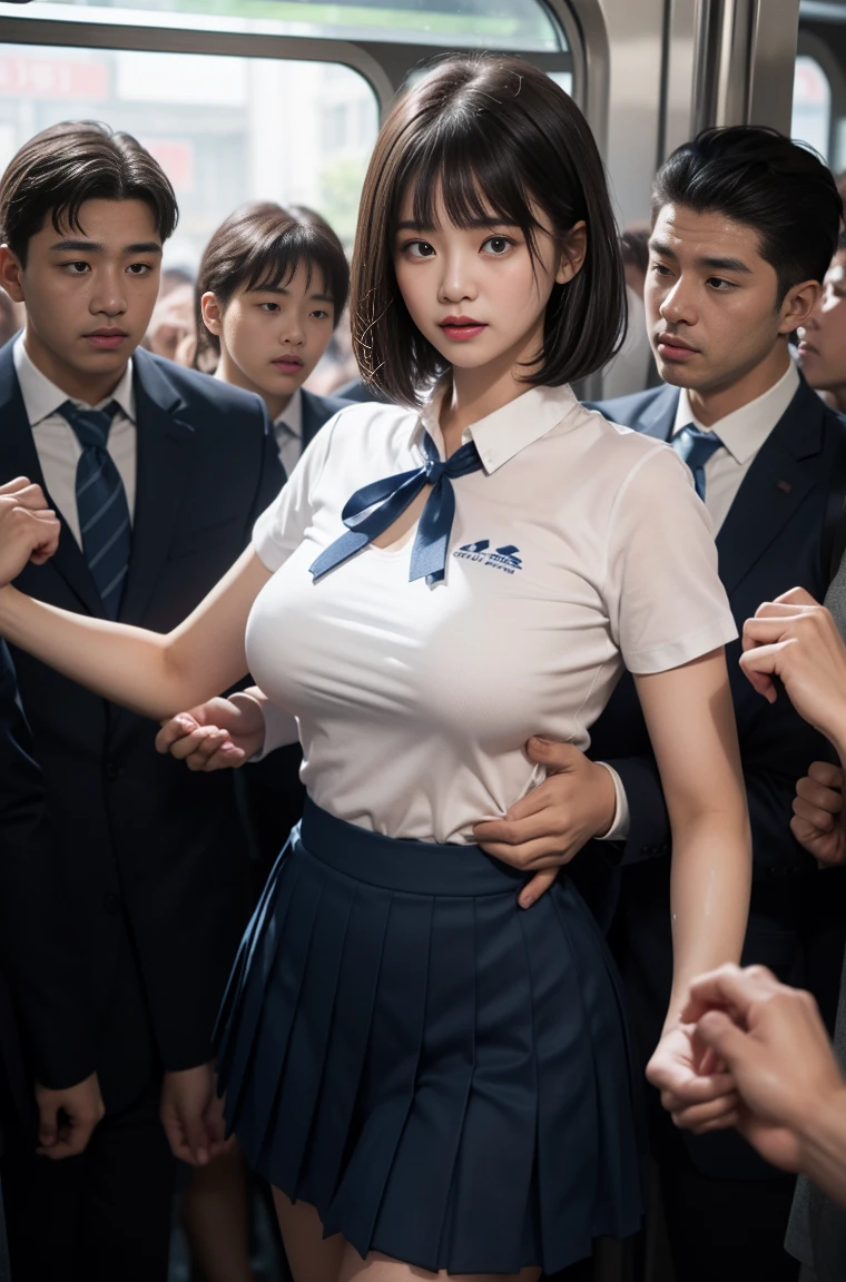 (molestation:1.8) japanese woman crying in the train, very big breasts, oversized breasts, ((white short sleeve shirt,darkblue neckribbon,darkblue pleated short skirt, darkbrown short length hair,bangs,ear,red cheek:1.2)),Chest grab, in the train, grab your butt, Multiple men around her grab her breasts, Chest grab, multiple hands, masterpiece, highest quality, very detailed, molestation, crowd of Business men, very realistic face, very realistic eyes, crowd of men around her, the person who grabs her body, they squeezed her chest, molestation, masterpiece, highest quality, very detailed, 1 girl, multiple hands, Grab her ass with the crazy crowd, Chest grab, the men around her, squeezed her body, Many Business people grab girls chests, Be beaten, pulling on clothes, very wet and sweaty, grab clothes, (There are no women in the crowd:1.5), man with necktie