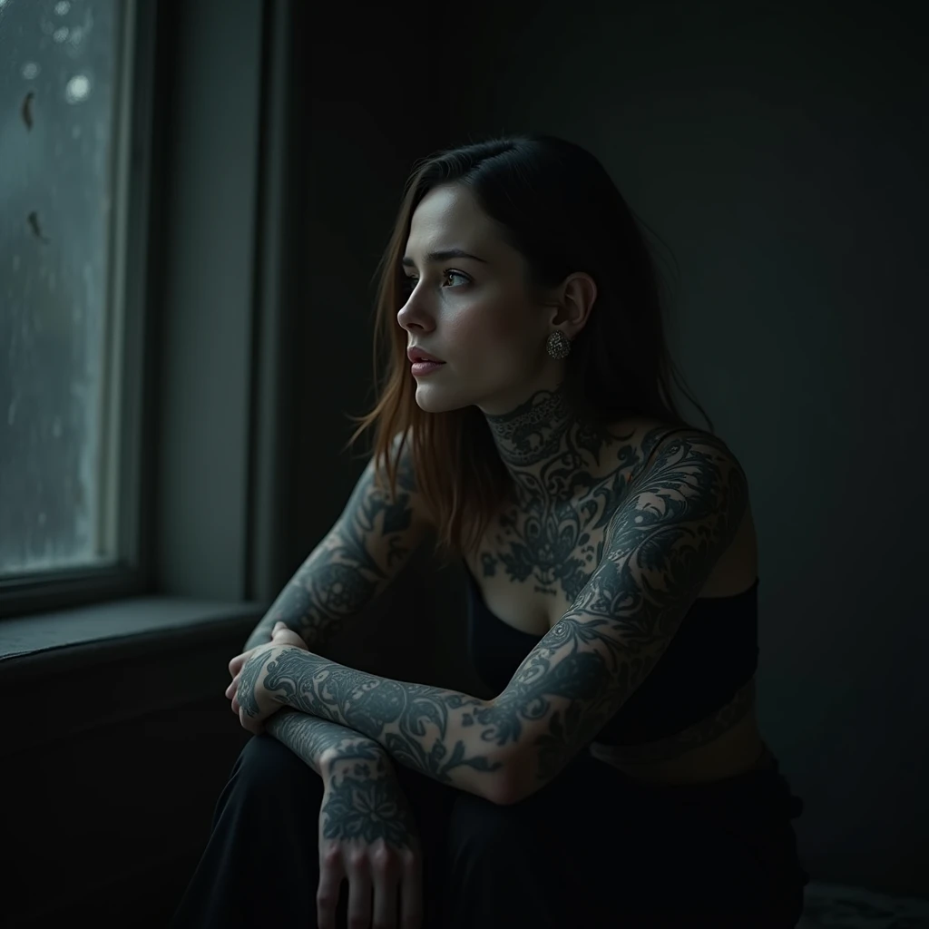  (Al-Washima): A woman with various visible tattoos on her arms and neck, in a dramatic and shadowy environment. She appears somber, reflecting on her actions, with an ominous aura surrounding her.