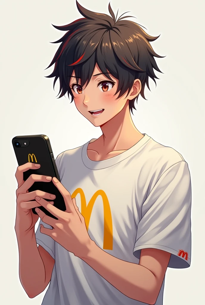 Male anime gamer wearing mcd shirt while holding smartphone
