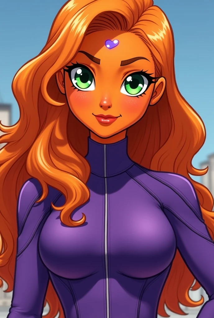 An orange skinned girl, wearing a purple power suit. Her eyes are bright glowing green and without pupils. She has orange long and wavy hair, an hairbang and she is busty