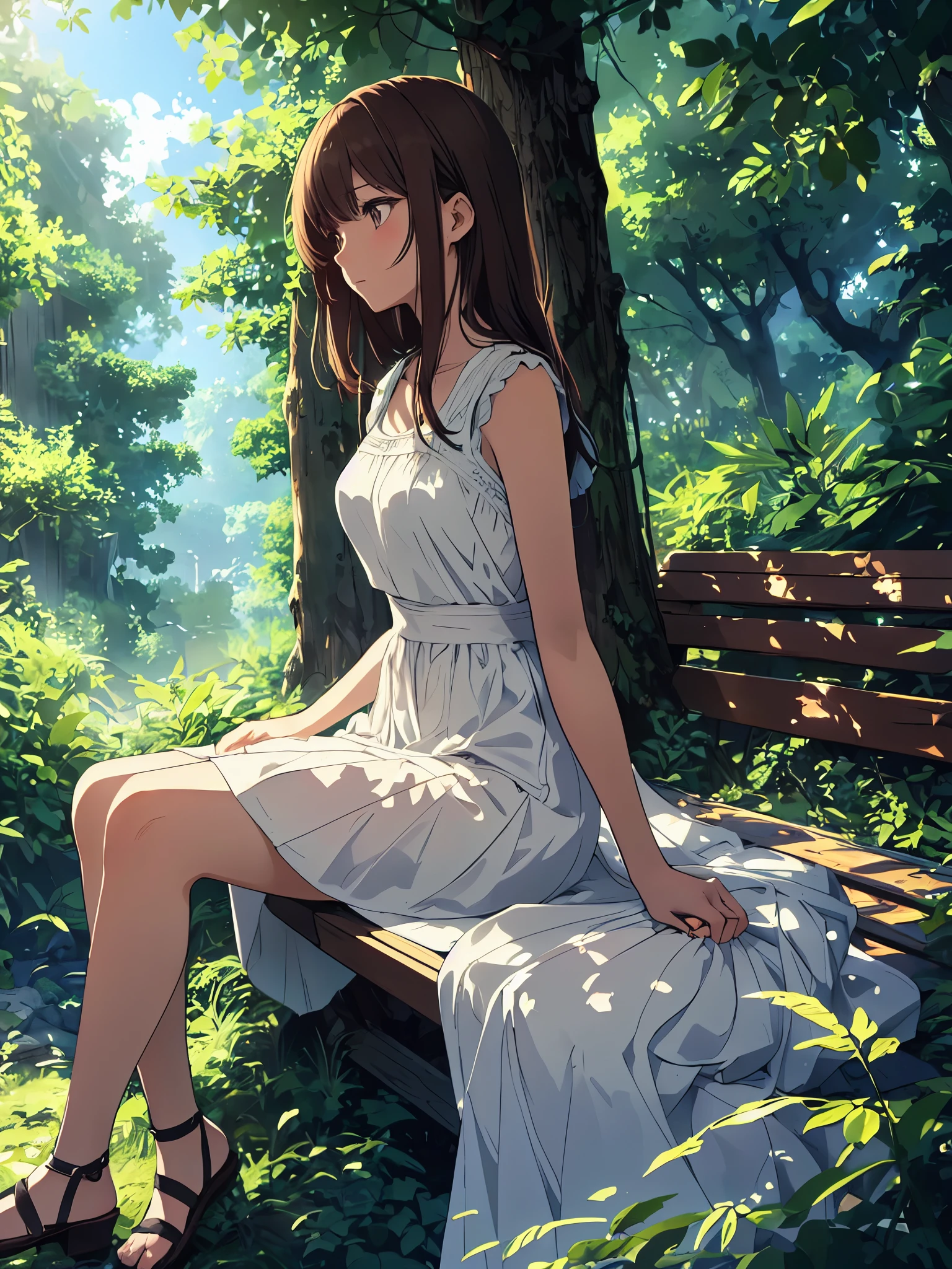 Create a anime style landscape image. Digital illustration featuring a young woman with short, dark brown hair, sitting on a wooden bench in a lush, sunlit forest. She is wearing a sleeveless, white dress that drapes elegantly over her form. The background is filled with dense green foliage, with sunlight filtering through the trees, creating a serene and peaceful atmosphere. The woman's facial features are soft and contemplative, with a fair skin tone. The overall style of the illustration is realistic with a touch of anime influence, characterized by detailed shading and vibrant colors.