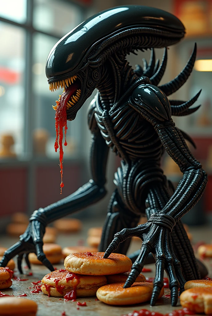 Aliens xenomorph has broken into the pantry, it is eating a donut, spaceship