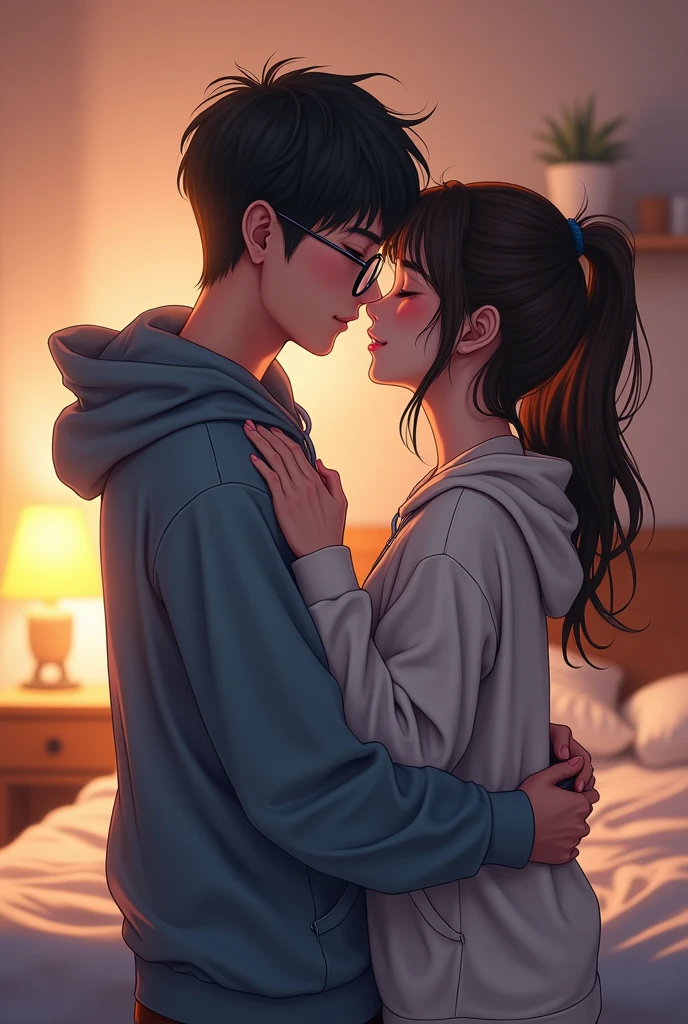 a couple, boy with circular glasses wide face , girl without glasses and long hair, purple nails, watching a movie in the living room and kissing, Both watching the movie and being seen face to face , They are at the cinema and the girl is wearing a white and red horizontal striped t-shirt, giving each other their first kiss, closing both eyes