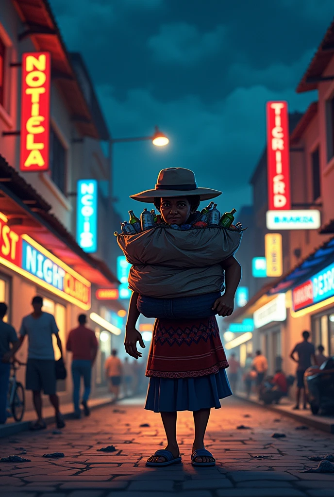 adult person wearing an Aymara skirt (bolivian) On a street in Bolivia full of nightclubs at night collecting recyclable material carrying a huge bag on their backs wrapped in an aguayo full of the same (Bottles, cans, papers) in realistic flat illustration style 