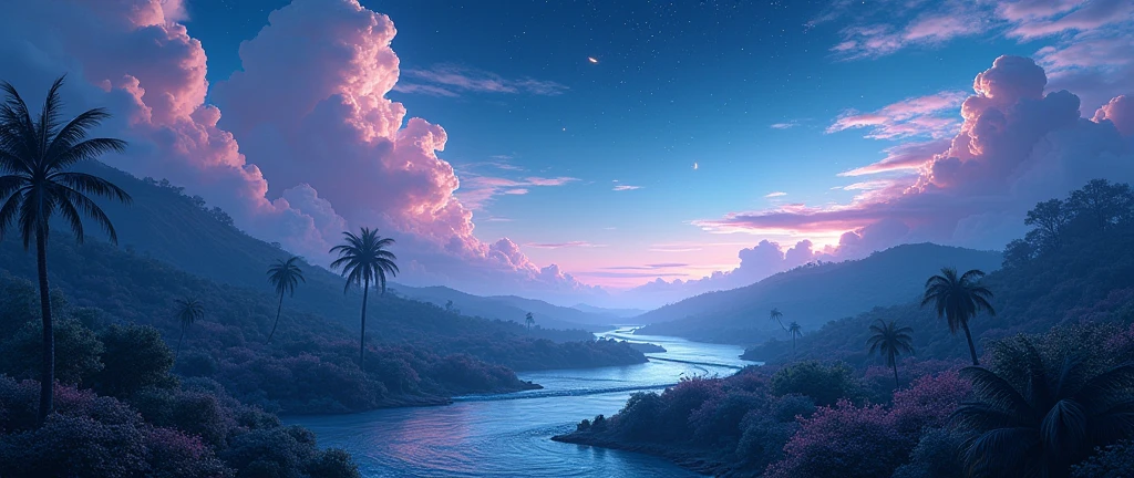 a magical night sky, a beautiful green stream, detailed clouds, soft lighting, clean background, masterpiece, 8k, photorealistic, cinematic, vivid colors, dramatic lighting, stunning scenery, serene atmosphere, ethereal, fantasy, mystical