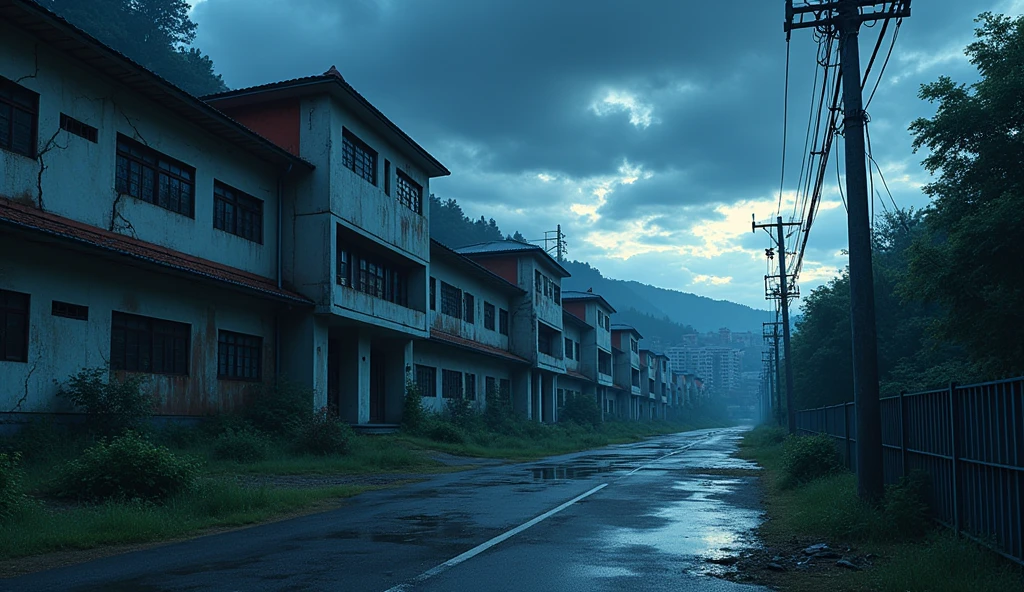 A sad japanese school abandoned who the atmospher is very dark, outside of the school views anime style