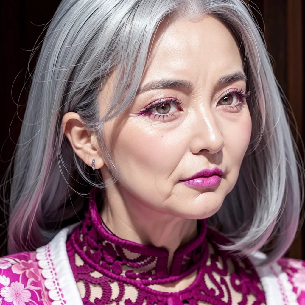 100-year-old grandmother、Gray Hair、The wrinkles are very deep、Mouth wrinkles、Hair is generally thin、Heavy makeup, Magenta gloss lips, Hollow Eyes,pout, 