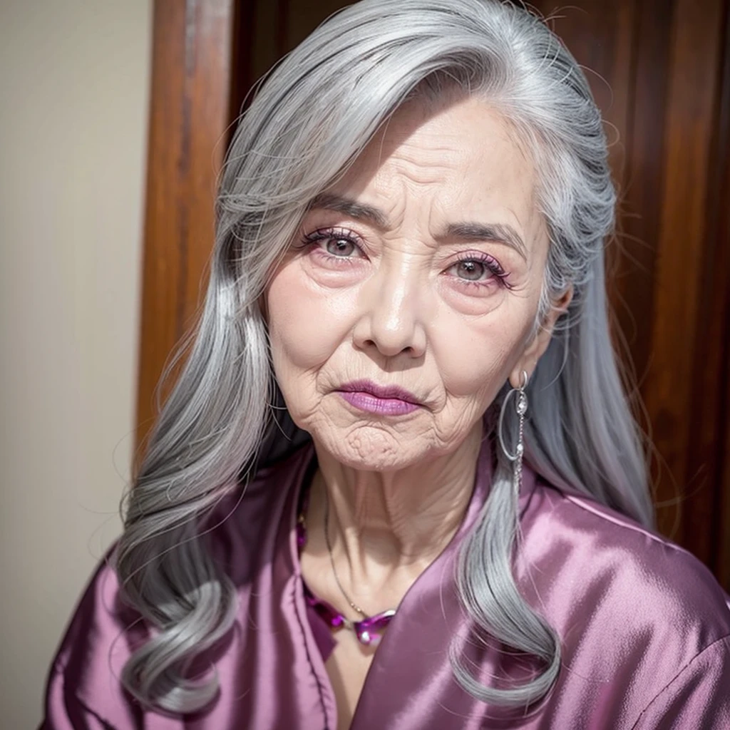 100-year-old grandmother、Gray Hair、The wrinkles are very deep、Mouth wrinkles、Hair is generally thin、Heavy makeup, Magenta gloss lips, Hollow Eyes,pout, 