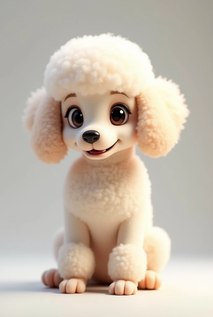 A male French poodle puppy with a cute face, Their hair color is white and they have a lot of hair all over their body, Their hair is very noticeable in the image and the animation is by Pixar