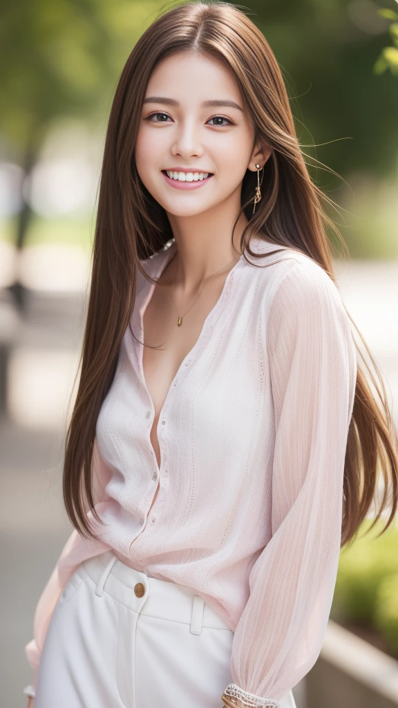 High resolution, Gaze, smile, teeth, Highest quality, High-resolution model, High detail, Textured skin, Long Hair, Brown Hair, chest, happiness/joy, Bright Eyes, accessories, Reality, Slanted Eyes, Realistic eyes、The best skin、Pink blouse、White pants、