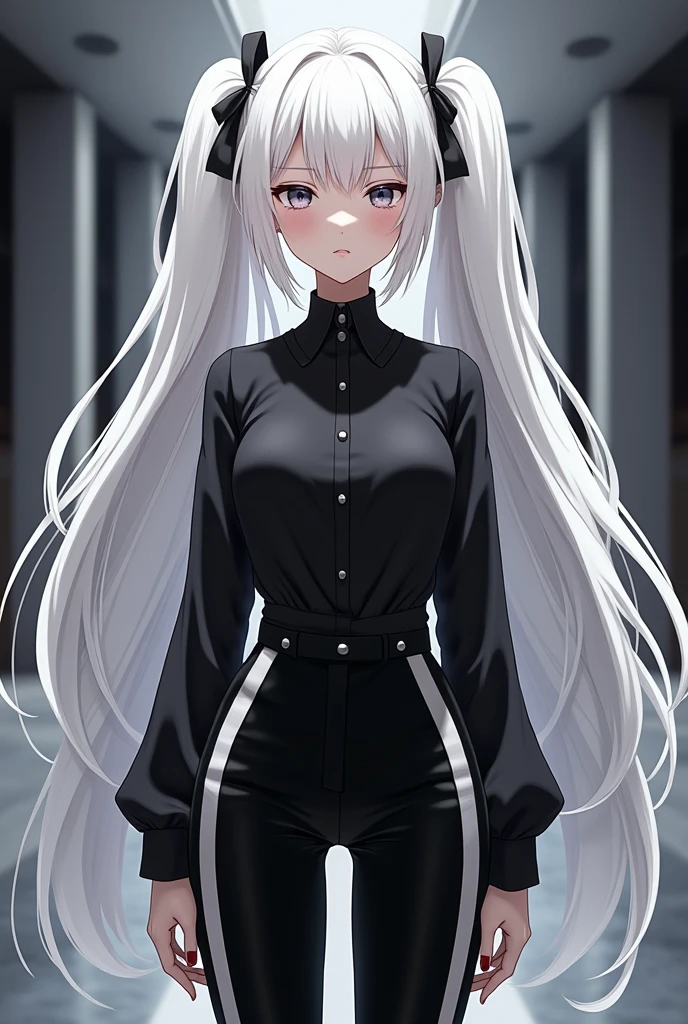A female anime character, has white hair with two pigtails, black fitted blouse, black pants with white stripes