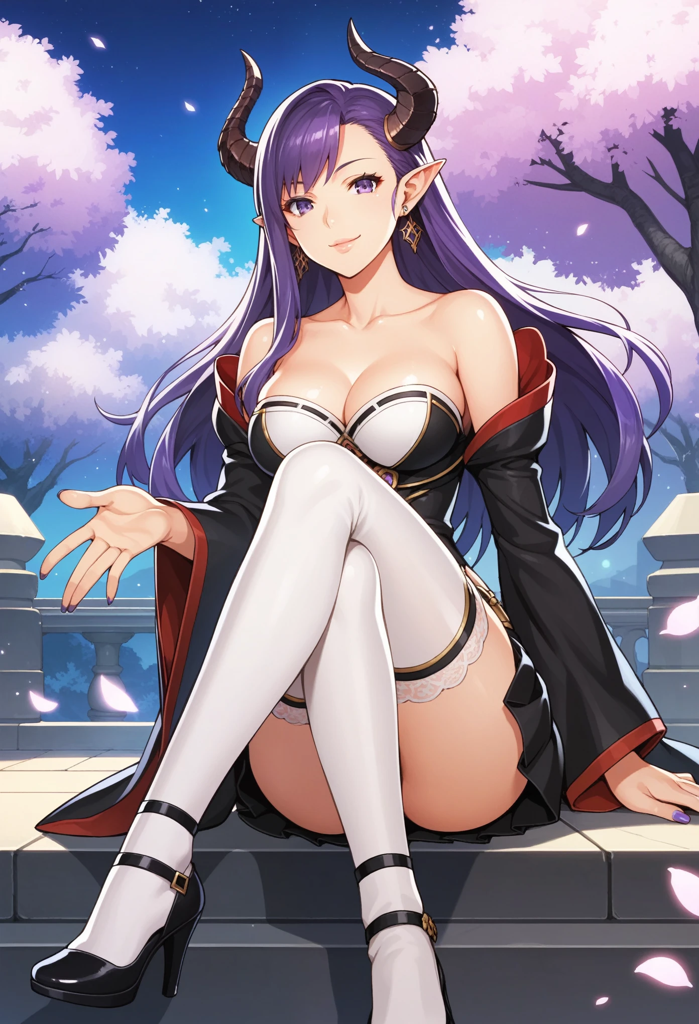 score_9, score_8_up, score_7_up BREAK source_anime,1girl,solo, anime screencap,smile,collarbone,puffy lips,
long hair, breasts, looking at viewer, thighhighs, night sky background, jewelry, medium breasts, sitting, purple eyes, purple hair, earrings, horns, pointy ears, bottomless, painted nails,
edgTF, jewelry, flower, wide sleeves,short skirt,heels,