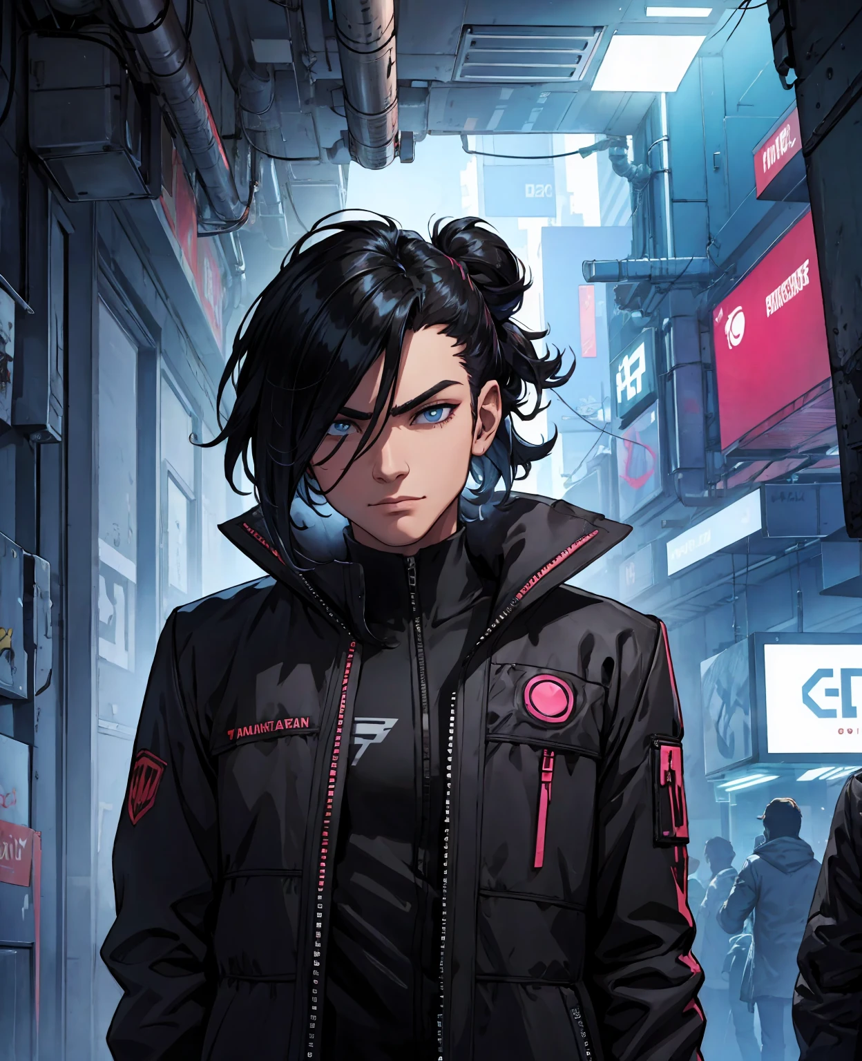 facial portrait, a man, with black coat, cyberpunk