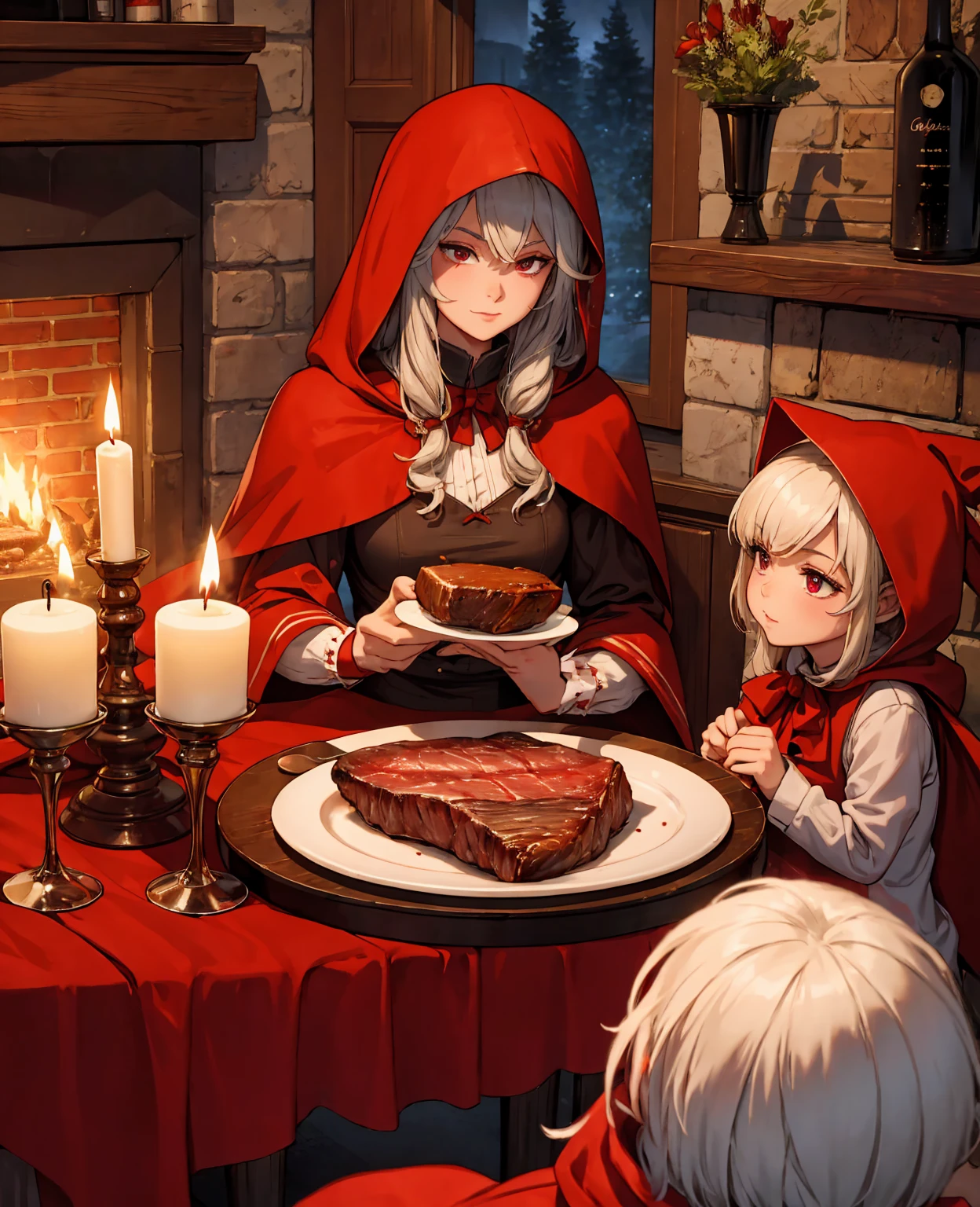 Little Red Riding Hood, fireplace, dining table, steak with blood, candles, red wine