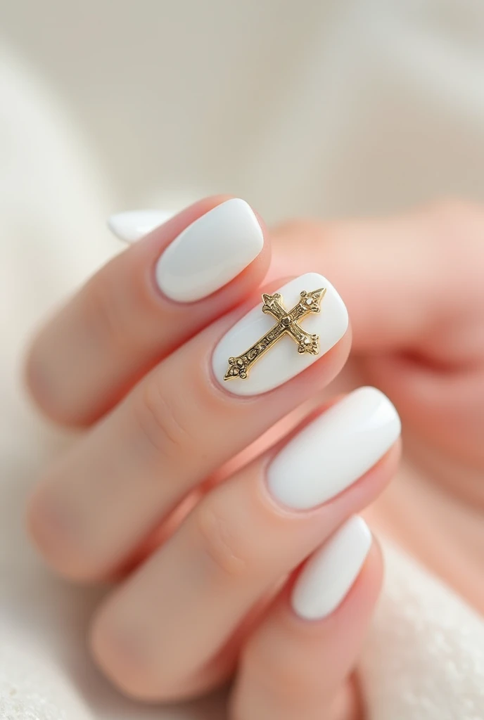 White Gel Nails. Golden Christian cross on it 