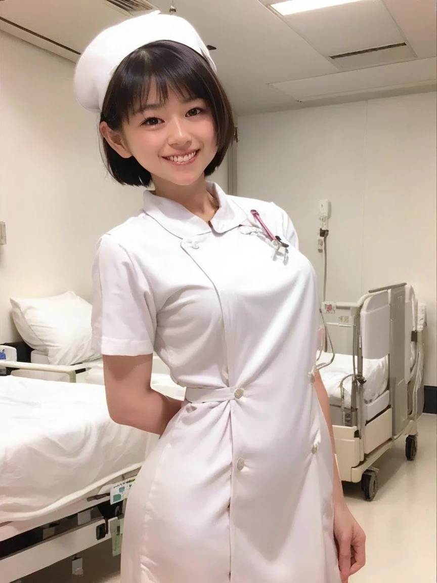 woman, alone, (Wearing white nurse clothes:1.2), (Bobcut), Shortcuts,bangs, Black Hair, nurse, Perfect Anatomy, nurse uniform, (Nurse cap), (White costume), Long skirt, hospital, smile, Face close-up